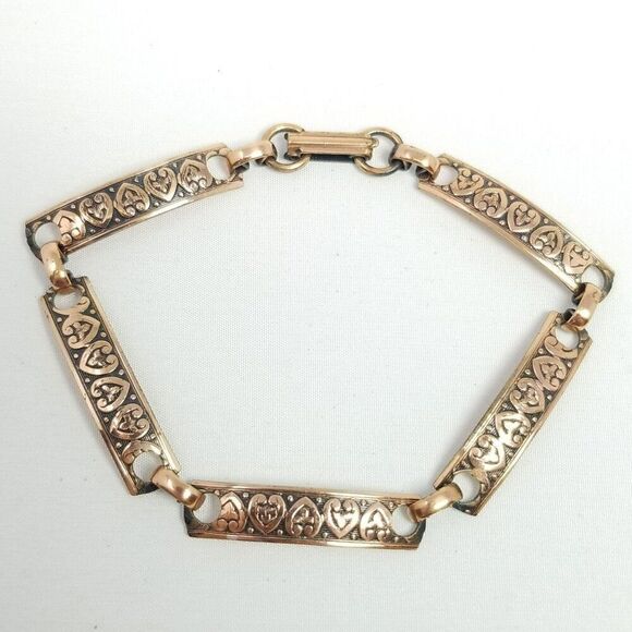Vintage Solid Copper Heart Design Panel Link Bracelet, Minimal Stacking Estate - Picture 7 of 7